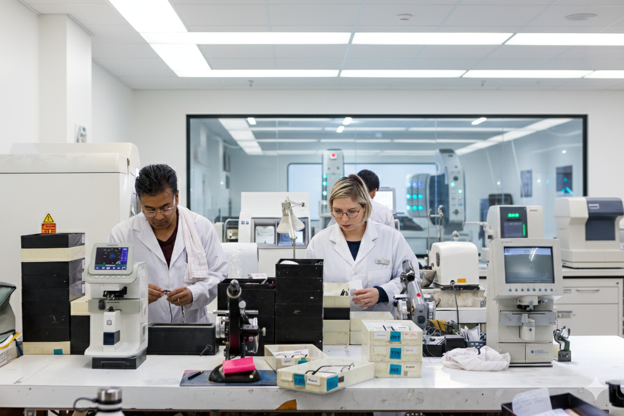 Optical lab technicians edging and finishing prescription lenses inside a modern Canadian wholesale optical laboratory